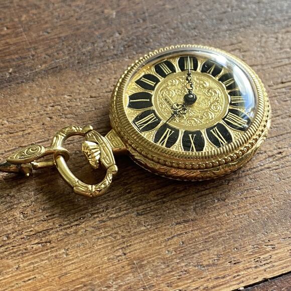 Bucherer Gold Tone Floral Engraved Pendant Pocket Watch w/ Chain *Read* - Picture 4 of 12